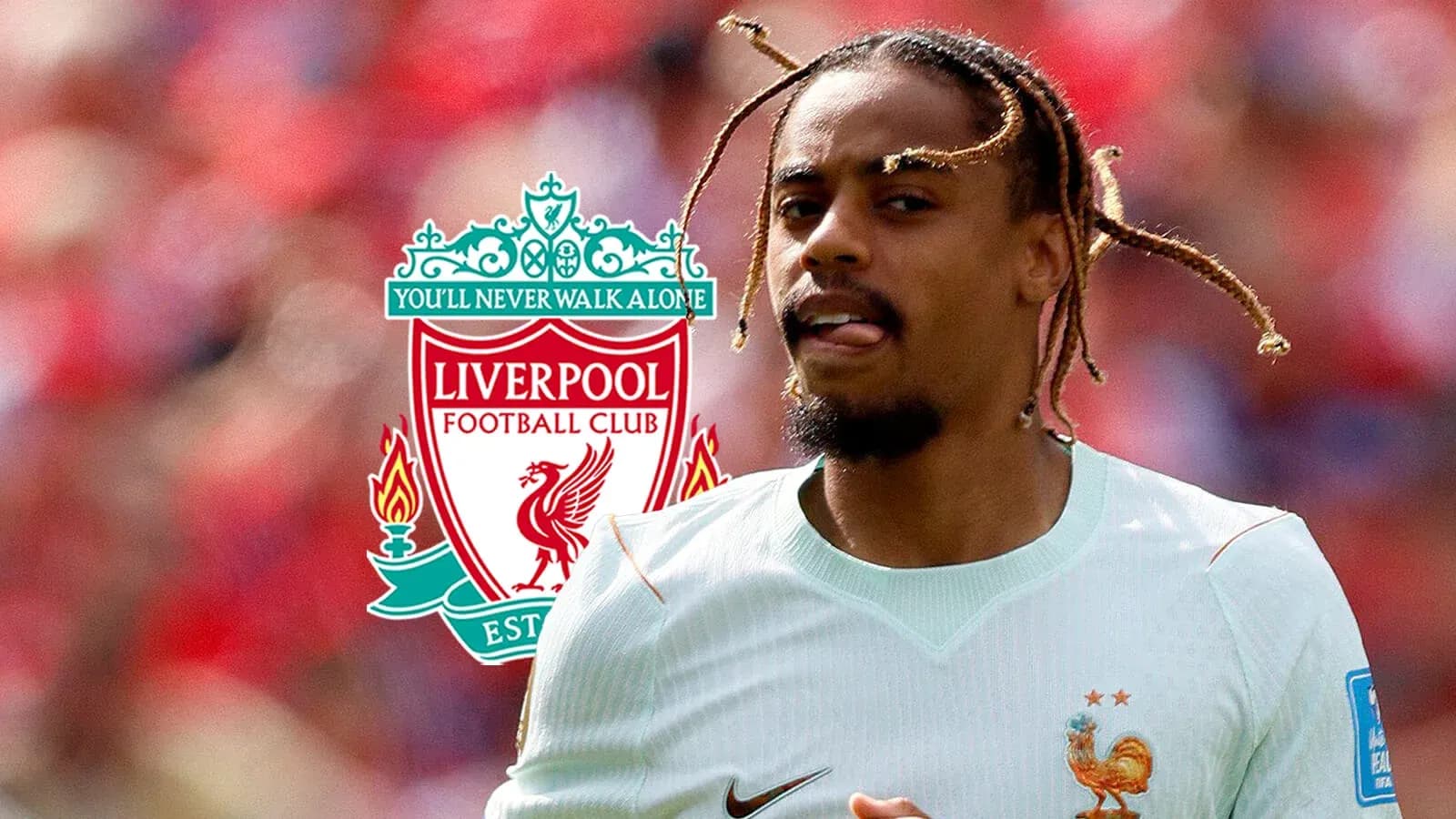 Player in action with Liverpool logo in background Player in action with Liverpool logo in background