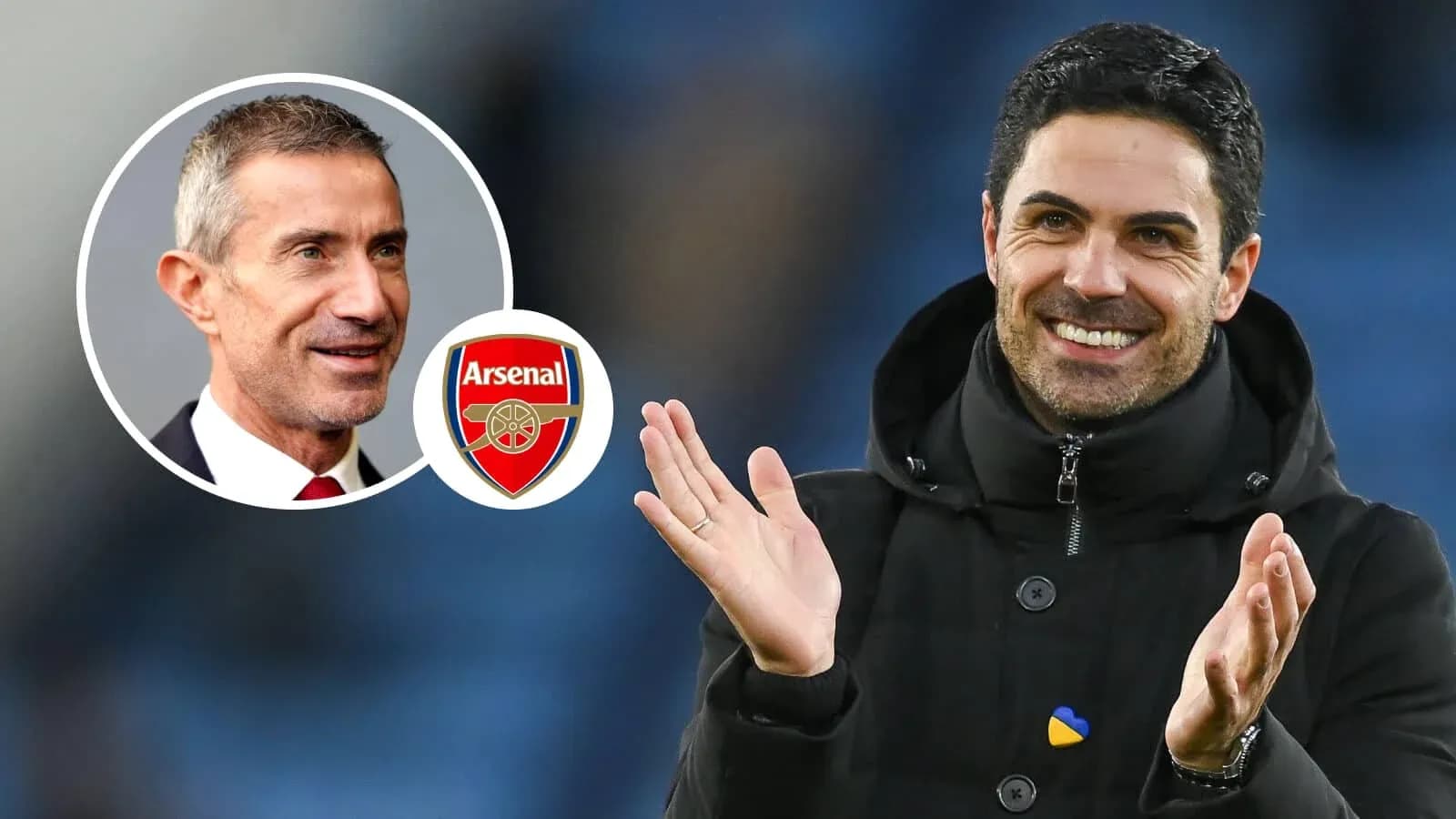 Coaches discussing strategy with Arsenal logo displayed Coaches discussing strategy with Arsenal logo displayed