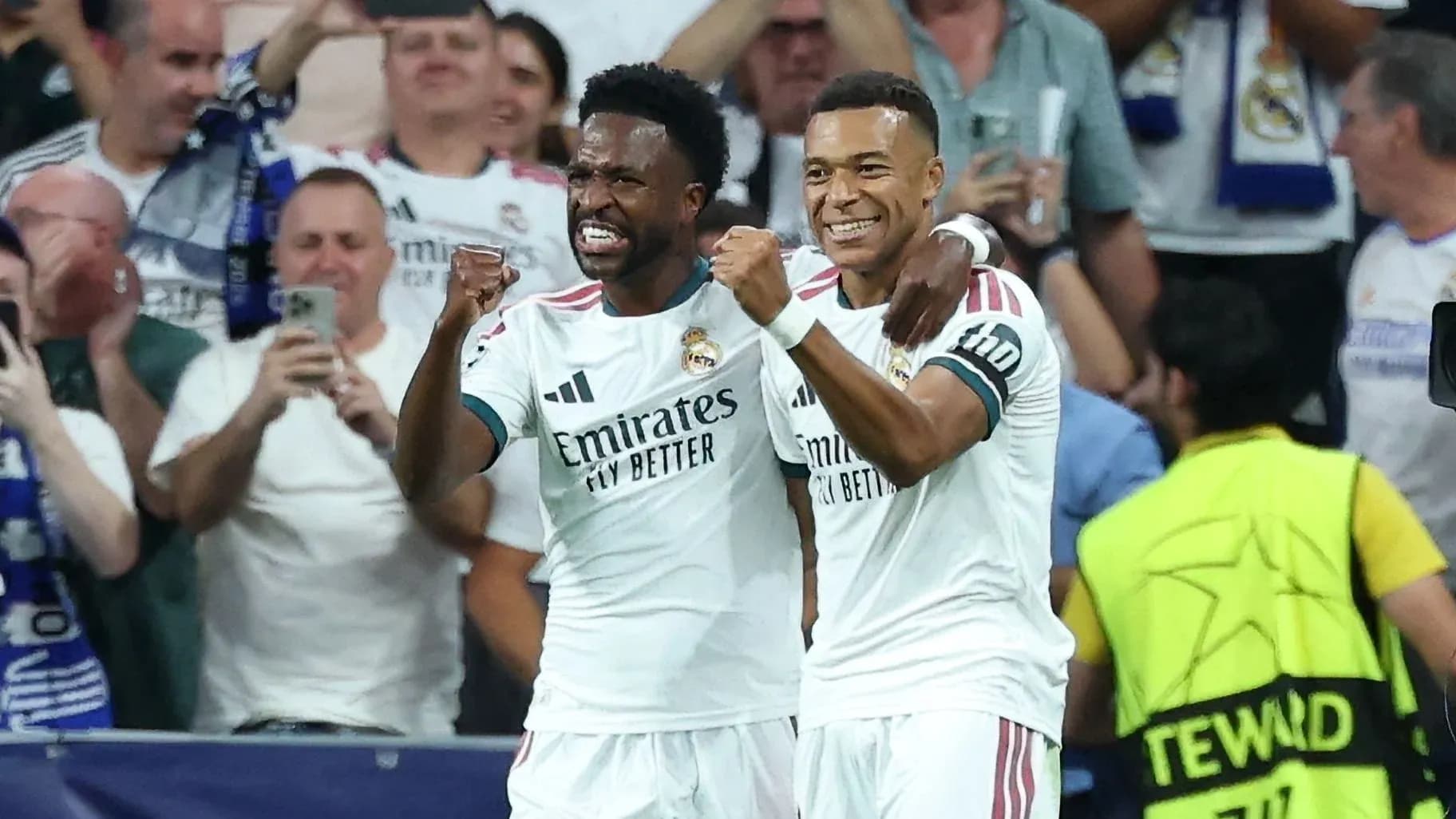 Real Madrid players celebrating a goal together Real Madrid players celebrating a goal together
