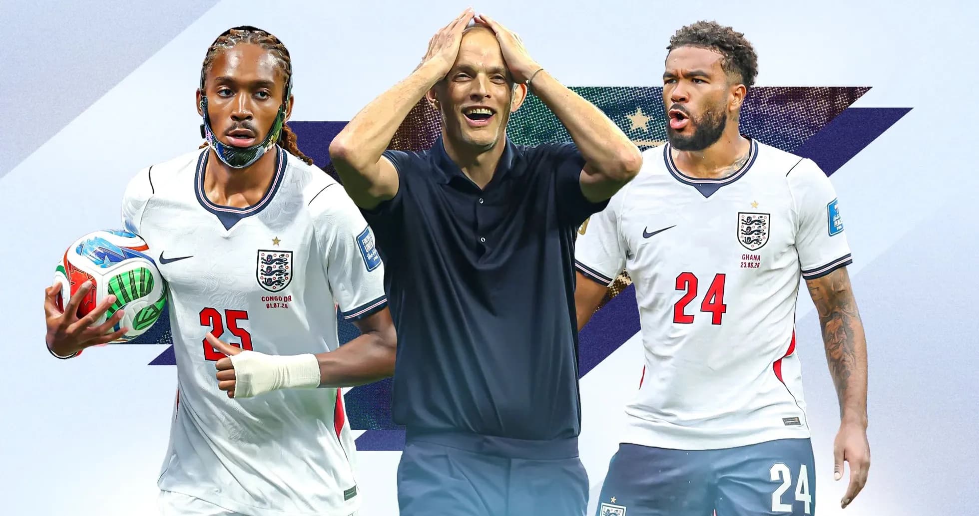Three soccer players in England jerseys with a coach Three soccer players in England jerseys with a coach