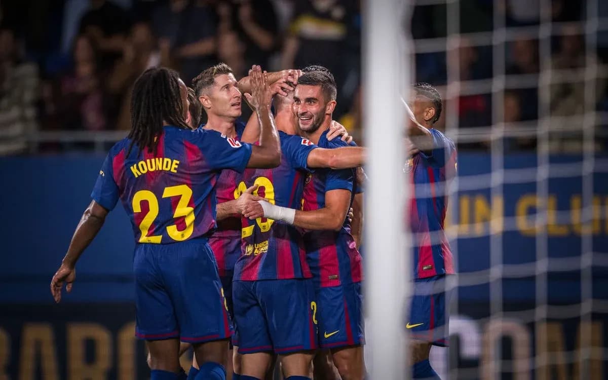 Barcelona players celebrating a goal during match Barcelona players celebrating a goal during match