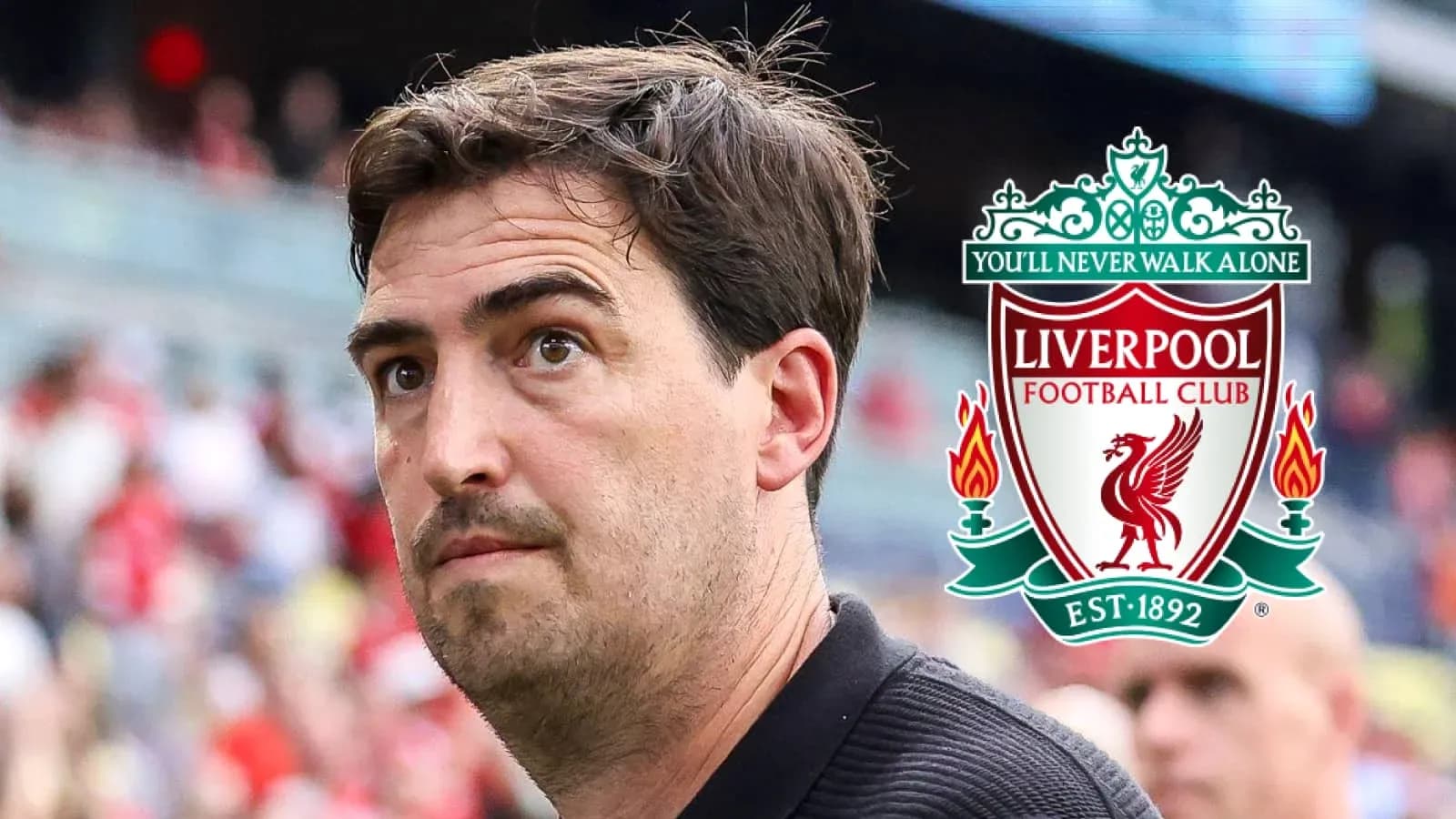 Man observing Liverpool FC logo during match Man observing Liverpool FC logo during match