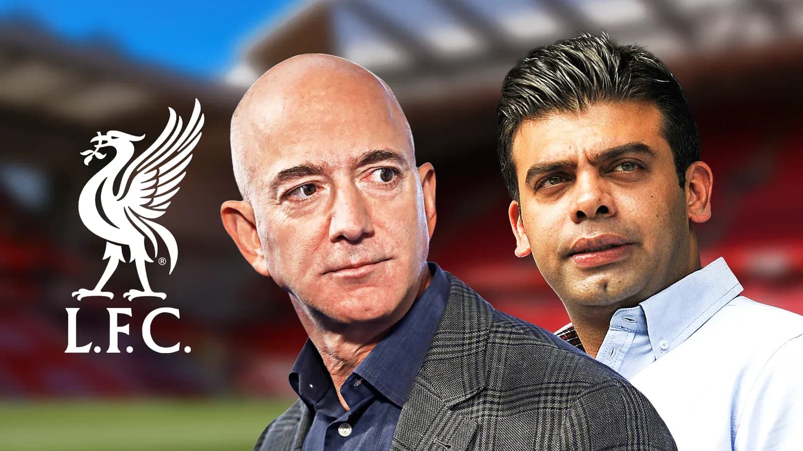 Two men with Liverpool FC logo in background Two men with Liverpool FC logo in background