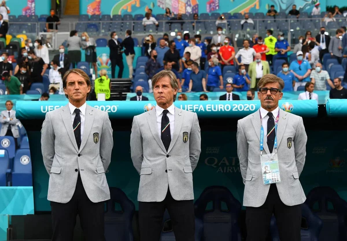 Coaching staff standing before UEFA Euro 2020 match Coaching staff standing before UEFA Euro 2020 match