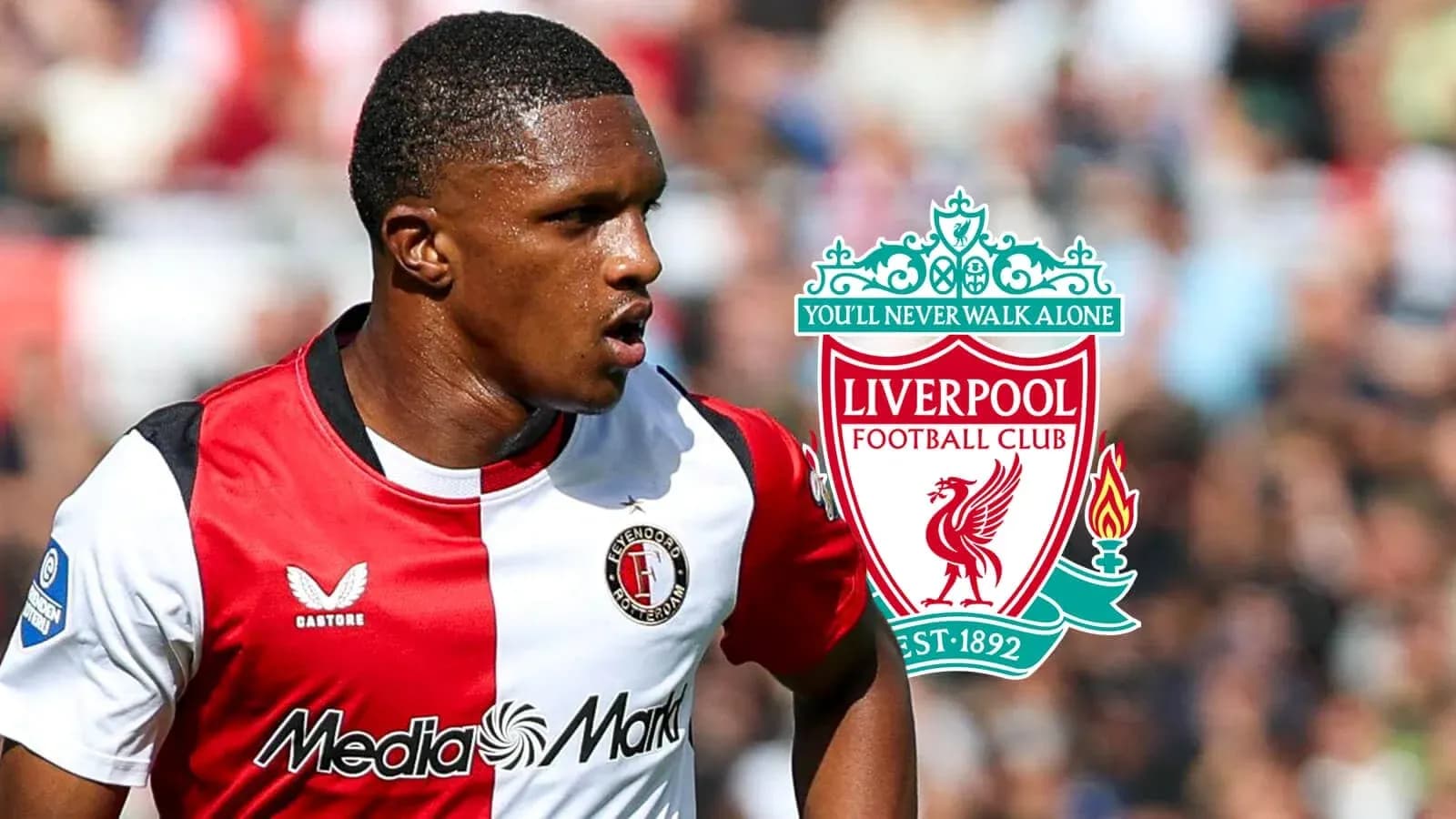 Player in Feyenoord kit with Liverpool logo background Player in Feyenoord kit with Liverpool logo background