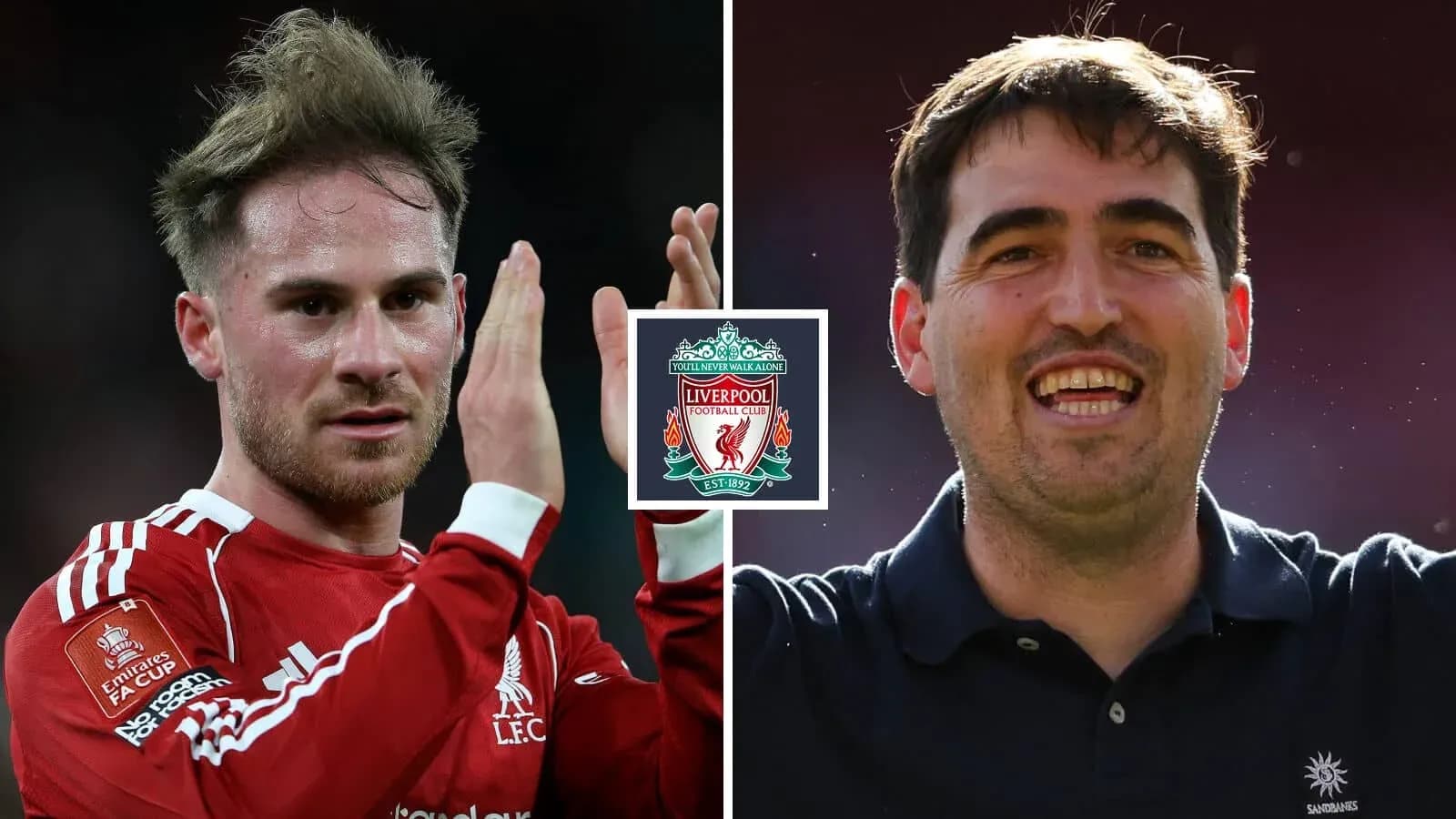 Two Liverpool players celebrating with club logo Two Liverpool players celebrating with club logo
