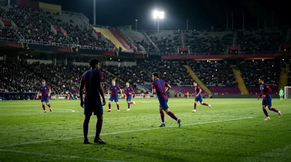 Barcelona players in action during night match Barcelona players in action during night match