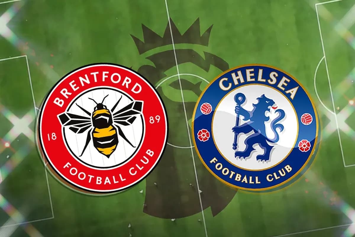 Brentford and Chelsea logos on football pitch background Brentford and Chelsea logos on football pitch background