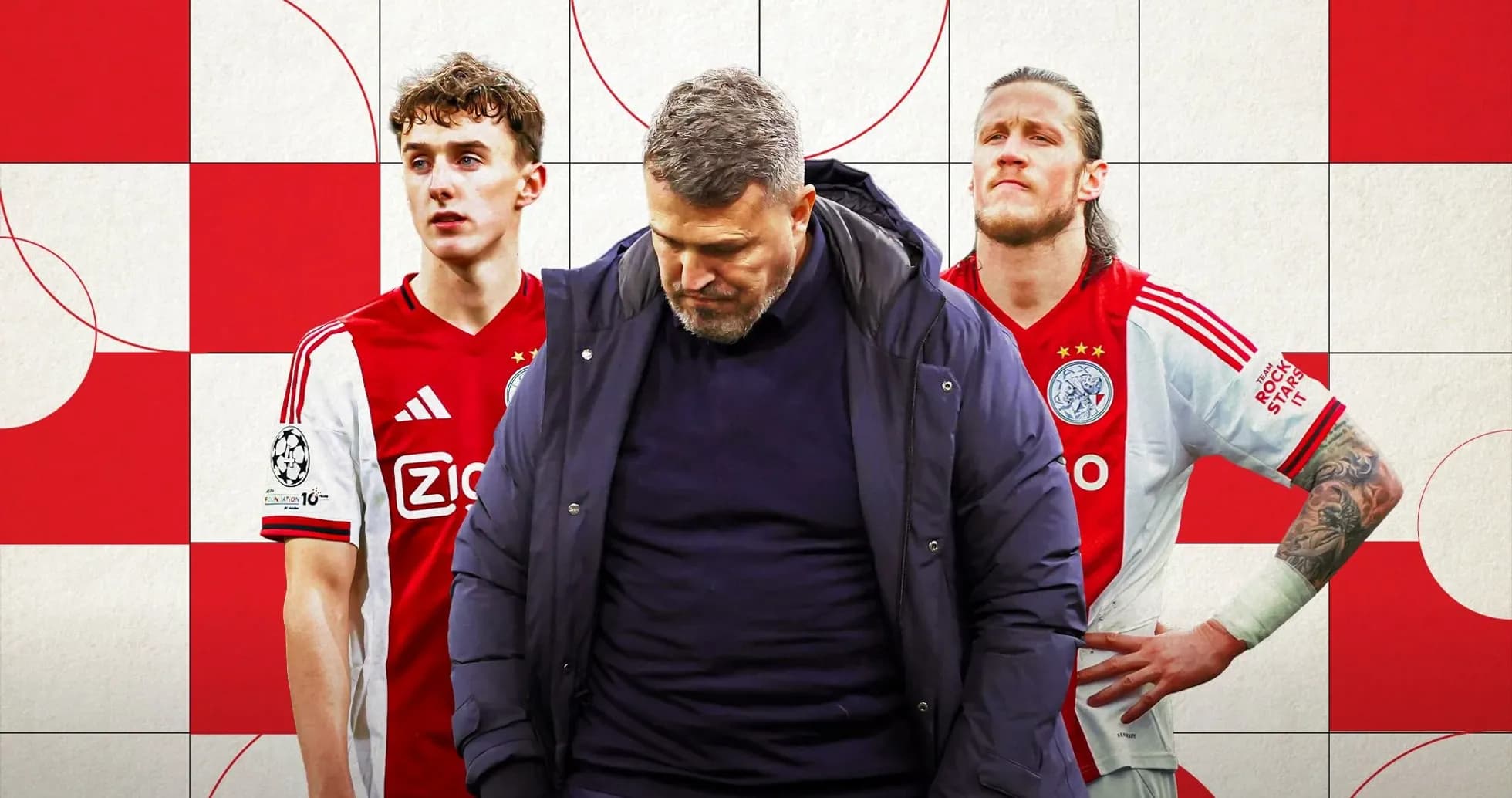 Ajax coach with players in club jerseys and background Ajax coach with players in club jerseys and background