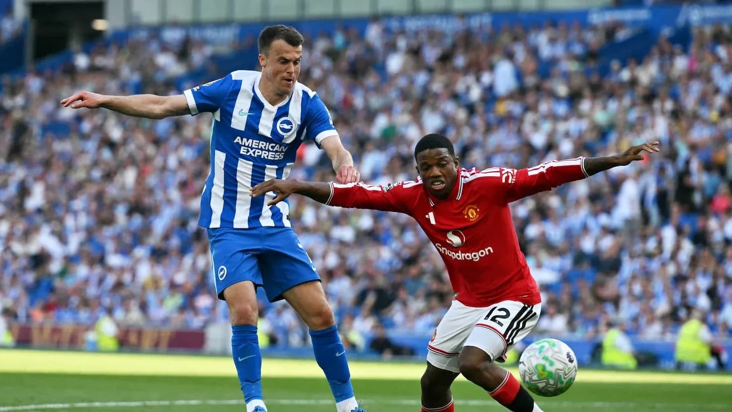Brighton and Manchester United players competing for the ball Brighton and Manchester United players competing for the ball