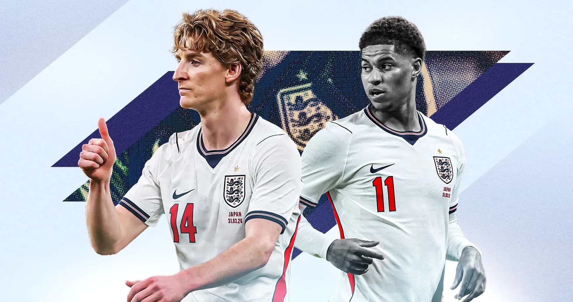 Two England players in jerseys, one giving thumbs up Two England players in jerseys, one giving thumbs up