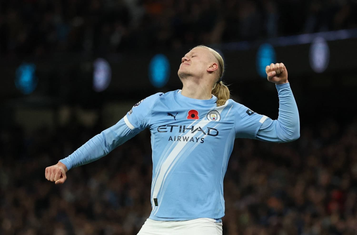 Erling Haaland celebrating during Manchester City match Erling Haaland celebrating during Manchester City match