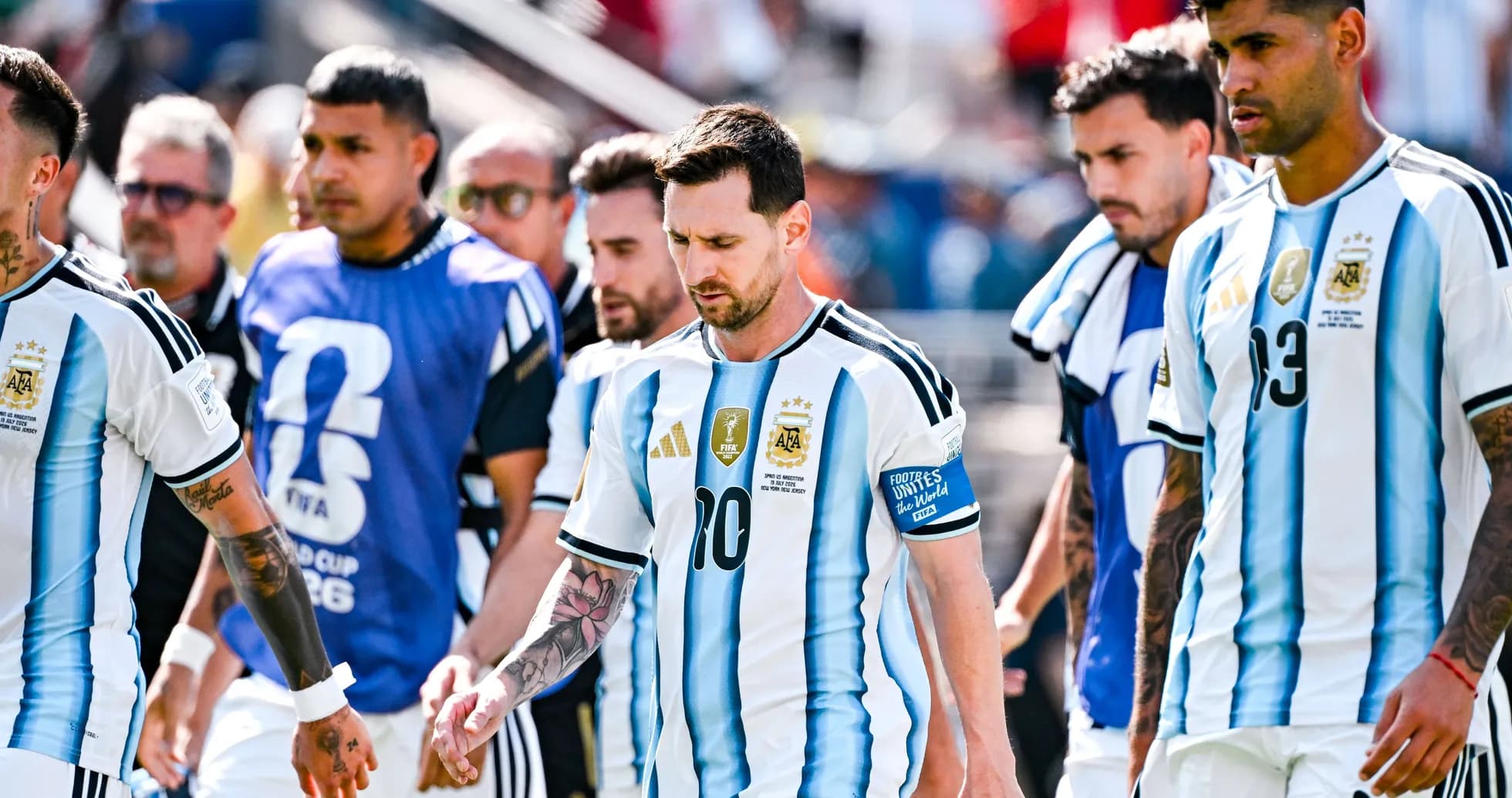 Lionel Messi leading Argentina team onto the field Lionel Messi leading Argentina team onto the field