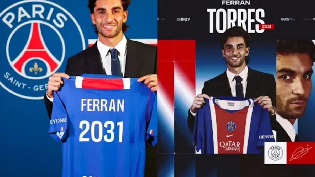 Ferran Torres presenting PSG jersey during signing event Ferran Torres presenting PSG jersey during signing event