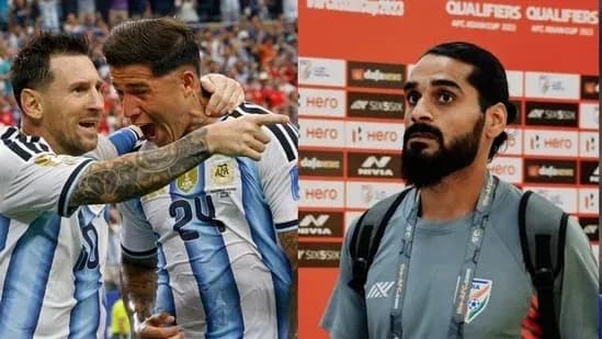 Argentinian players celebrating and another player at press conference Argentinian players celebrating and another player at press conference