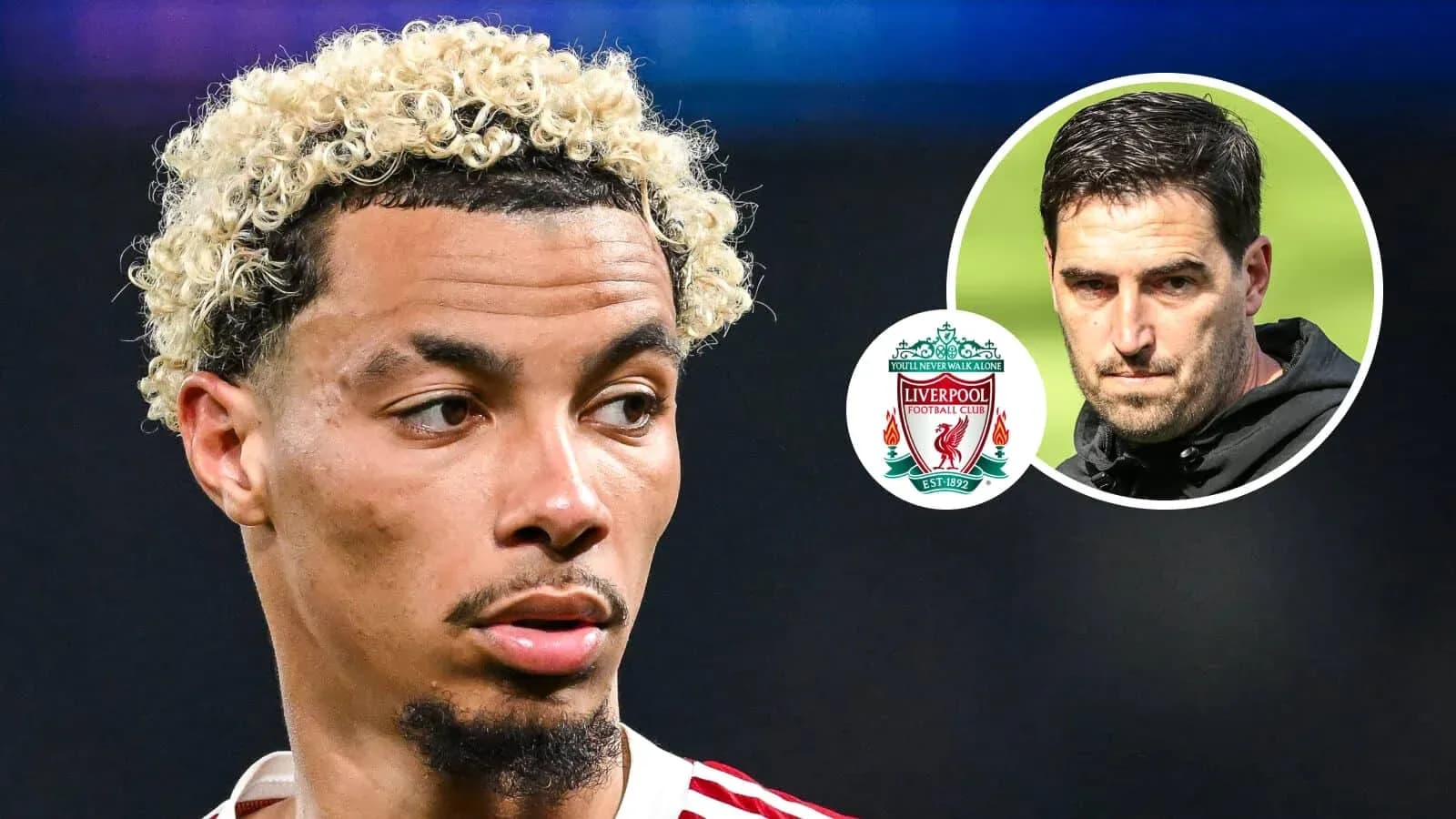Football player with curly hair, Liverpool logo in background Football player with curly hair, Liverpool logo in background
