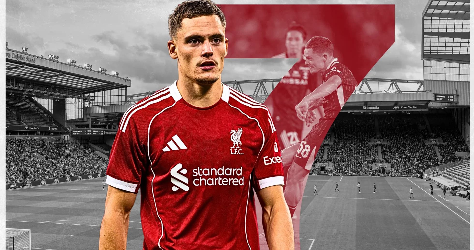 Player in Liverpool jersey at Anfield stadium Player in Liverpool jersey at Anfield stadium