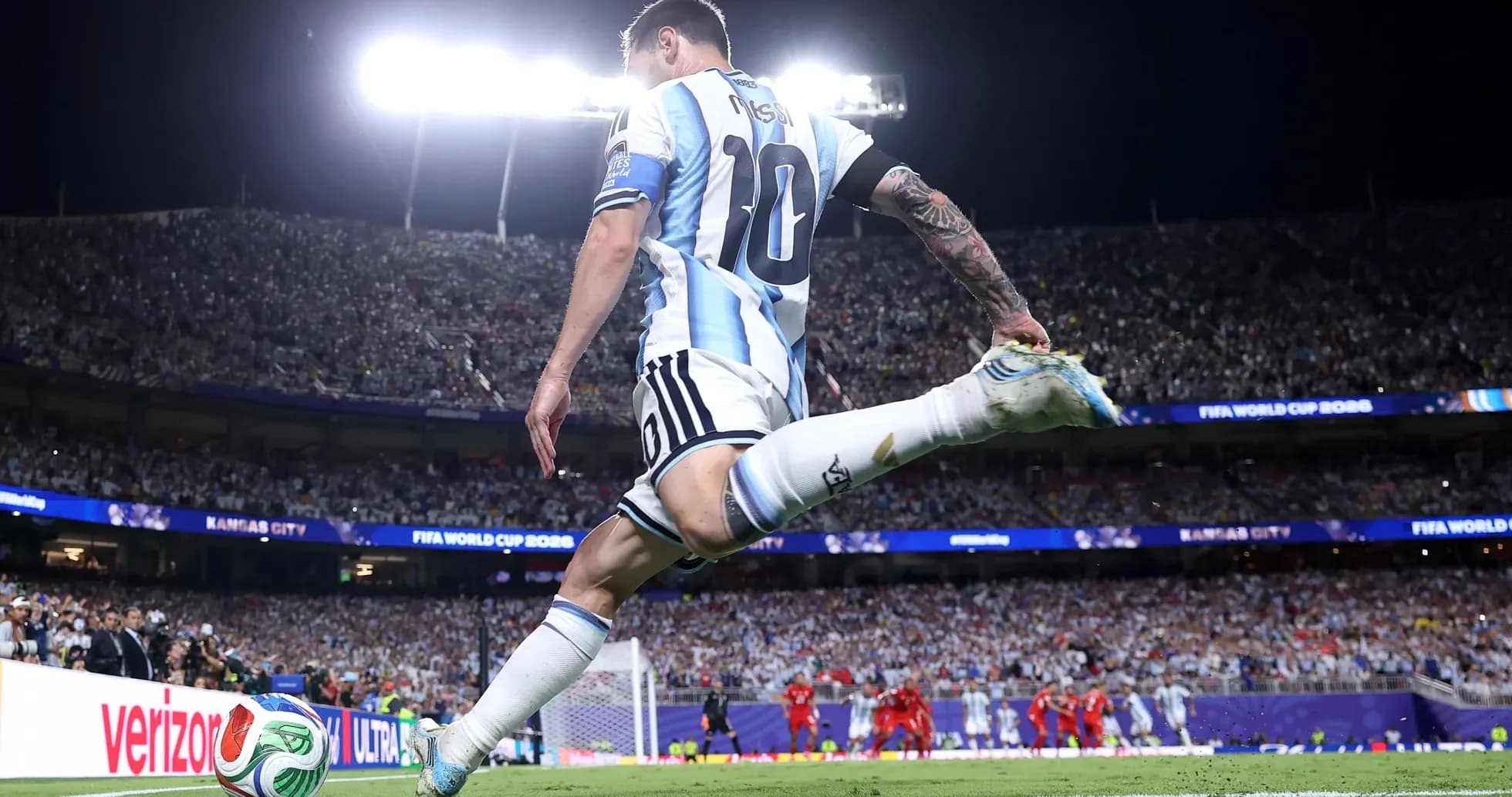 Lionel Messi taking a corner kick during match Lionel Messi taking a corner kick during match