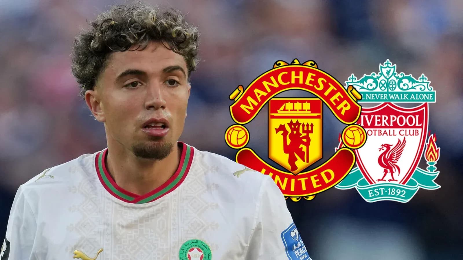 Player in action with Manchester United and Liverpool logos Player in action with Manchester United and Liverpool logos