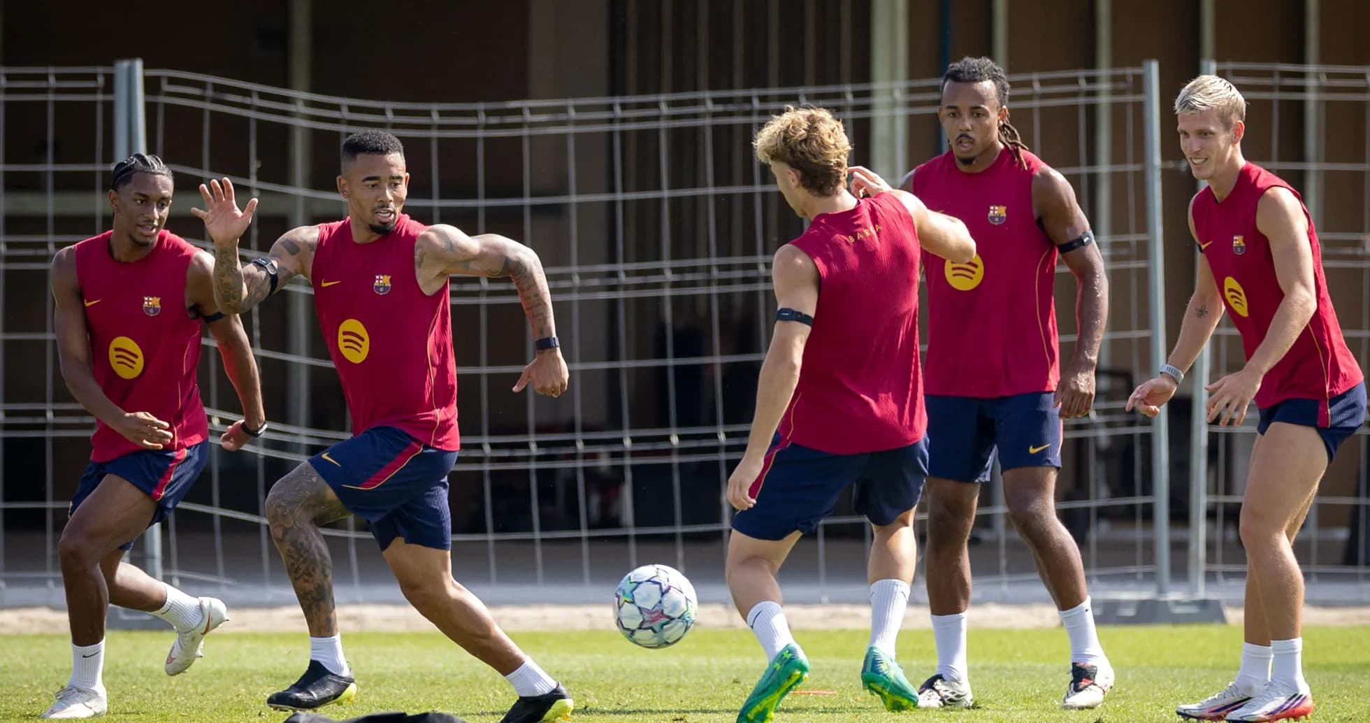 Barcelona players training and passing the ball Barcelona players training and passing the ball