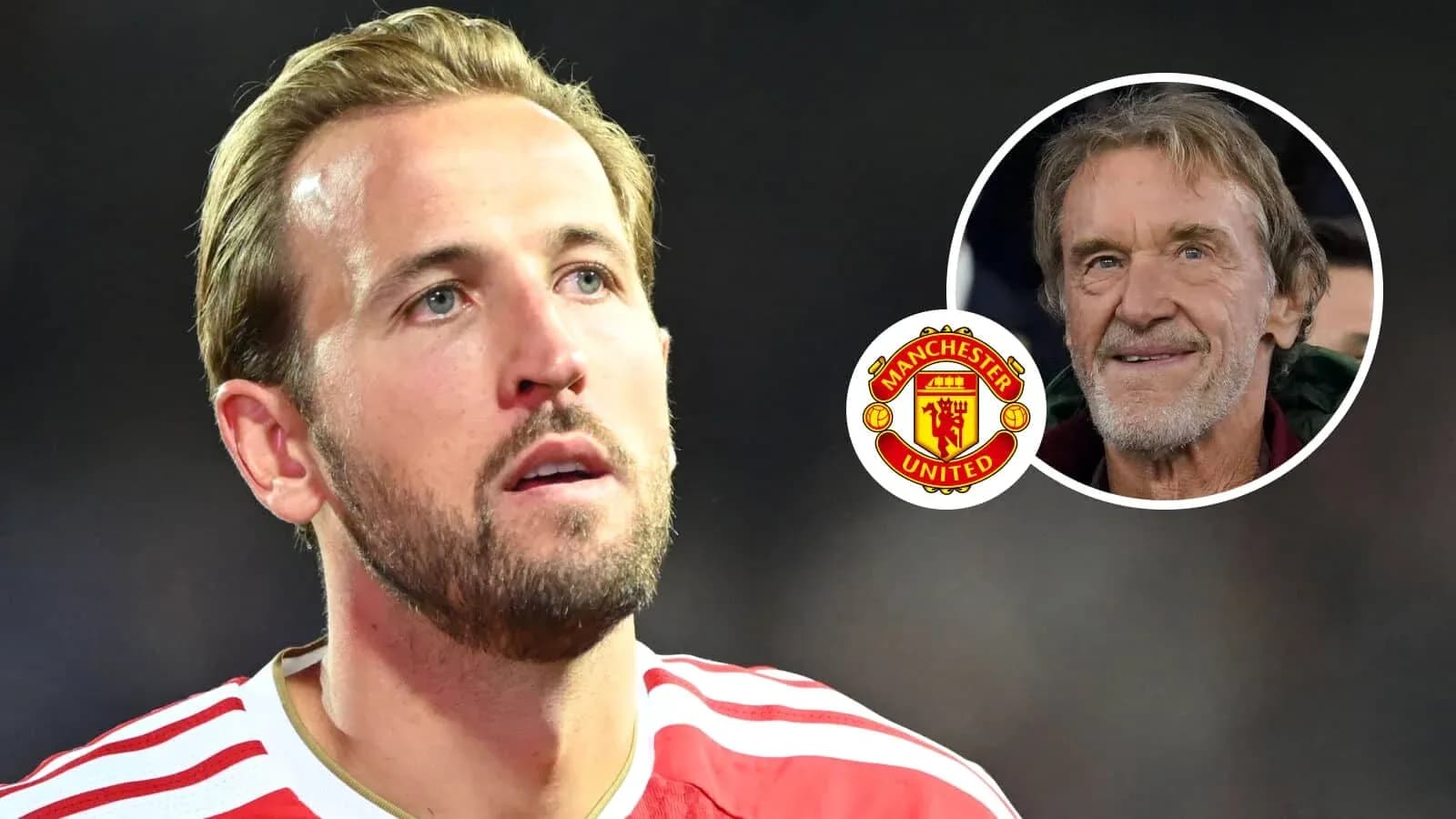 Harry Kane looking up with Manchester United logo Harry Kane looking up with Manchester United logo