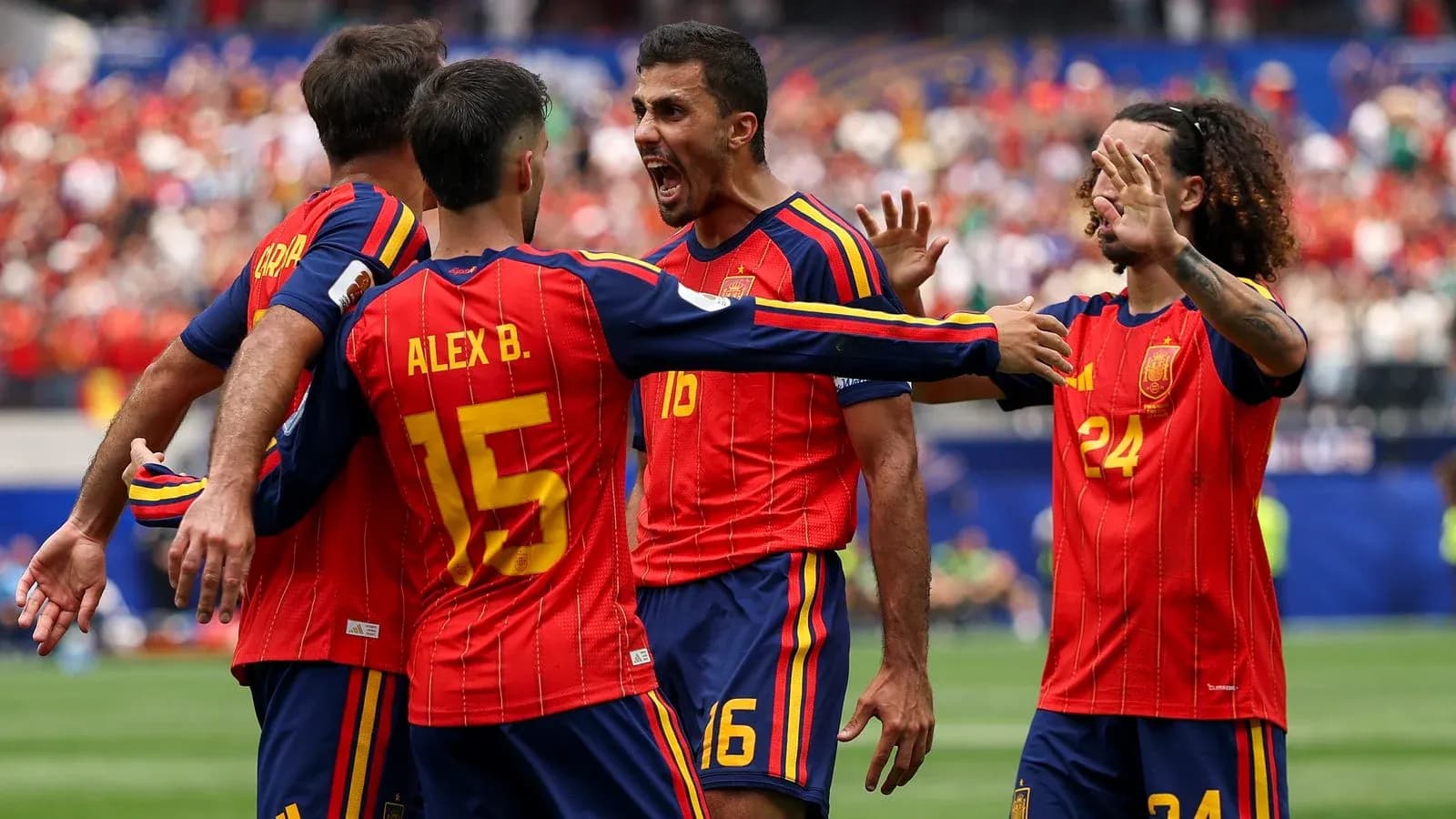 Spain players celebrating a goal during match Spain players celebrating a goal during match