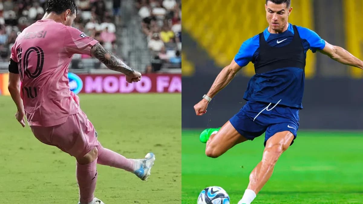Lionel Messi and Cristiano Ronaldo training on field Lionel Messi and Cristiano Ronaldo training on field
