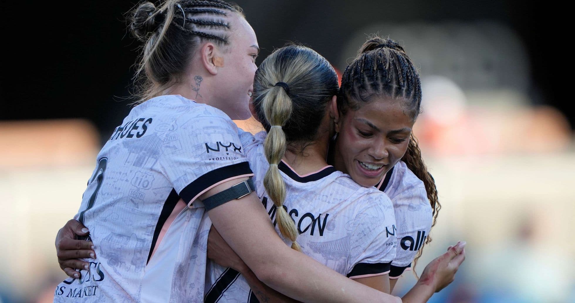 Players celebrating during Angel City W match Players celebrating during Angel City W match