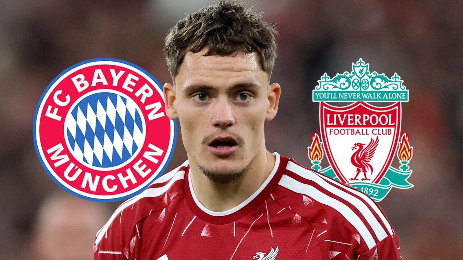 Player in Liverpool kit with club logos behind Player in Liverpool kit with club logos behind