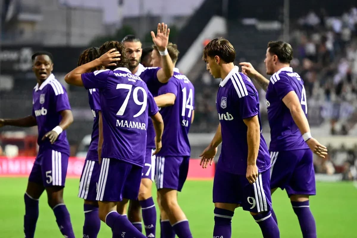 Anderlecht players celebrating a goal during match Anderlecht players celebrating a goal during match