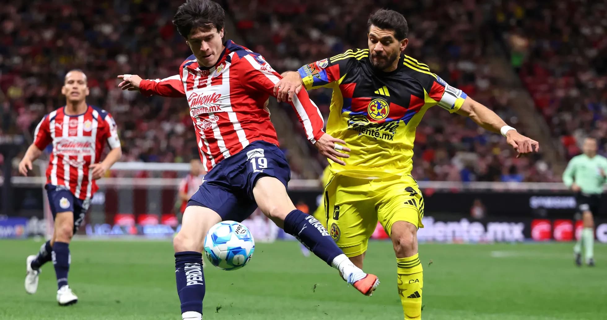 Club America player challenges Guadalajara Chivas player Club America player challenges Guadalajara Chivas player