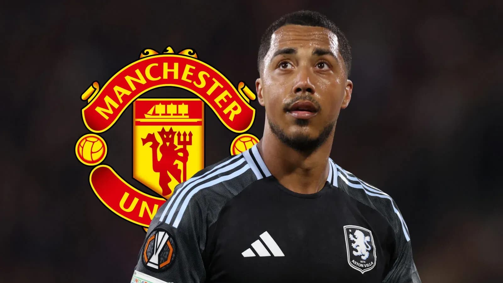Aston Villa player in kit with Manchester United logo Aston Villa player in kit with Manchester United logo