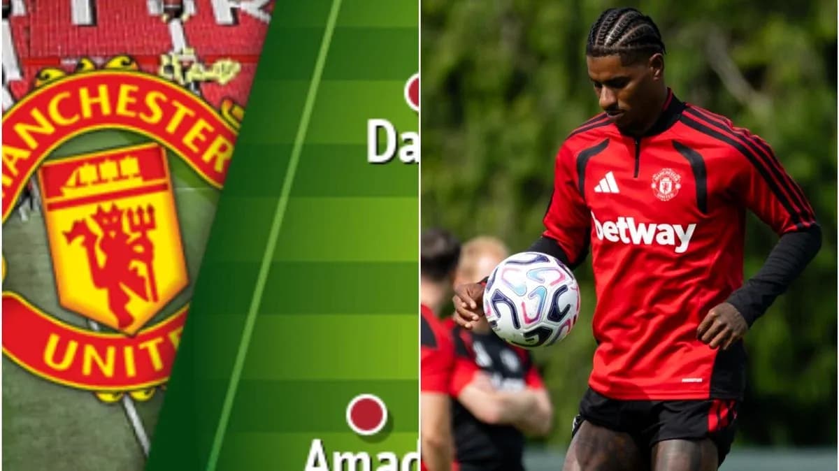 Manchester United logo with player training in red kit Manchester United logo with player training in red kit