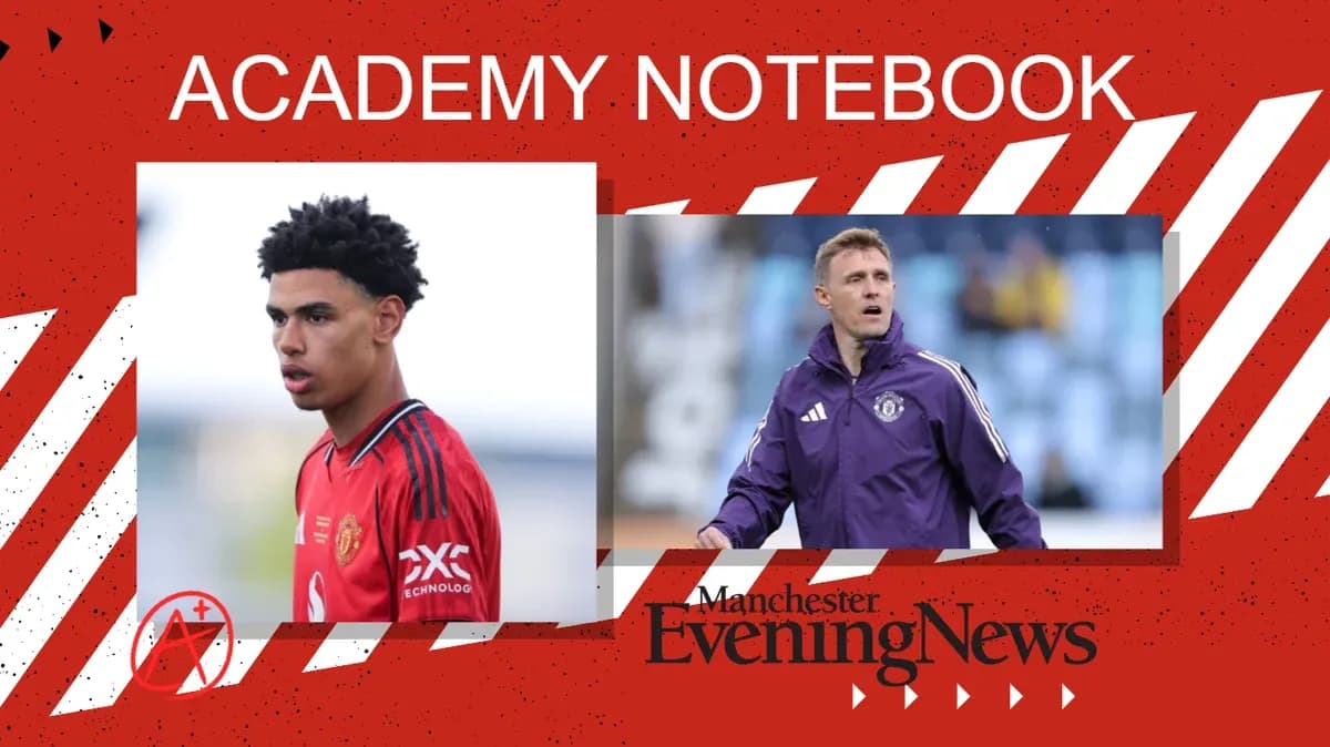 Young player in Manchester United kit and coach observing Young player in Manchester United kit and coach observing