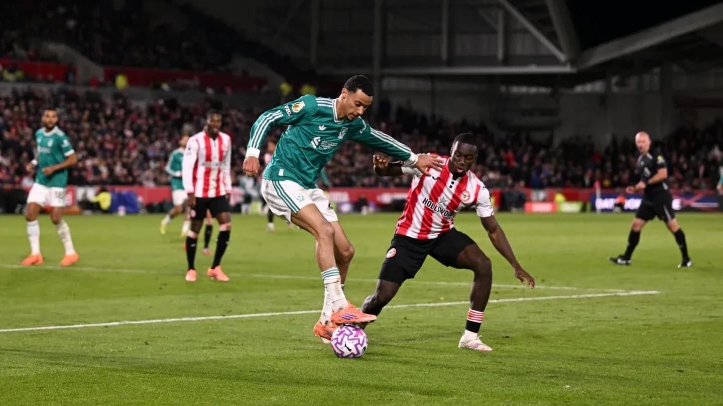 Player tackling during Liverpool vs Brentford match Player tackling during Liverpool vs Brentford match