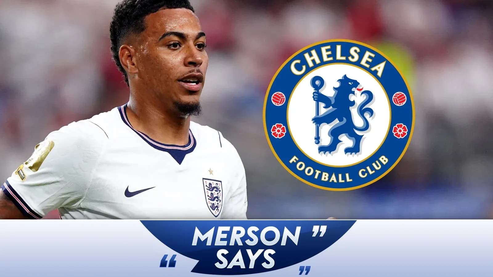 Player wearing England kit with Chelsea logo background Player wearing England kit with Chelsea logo background