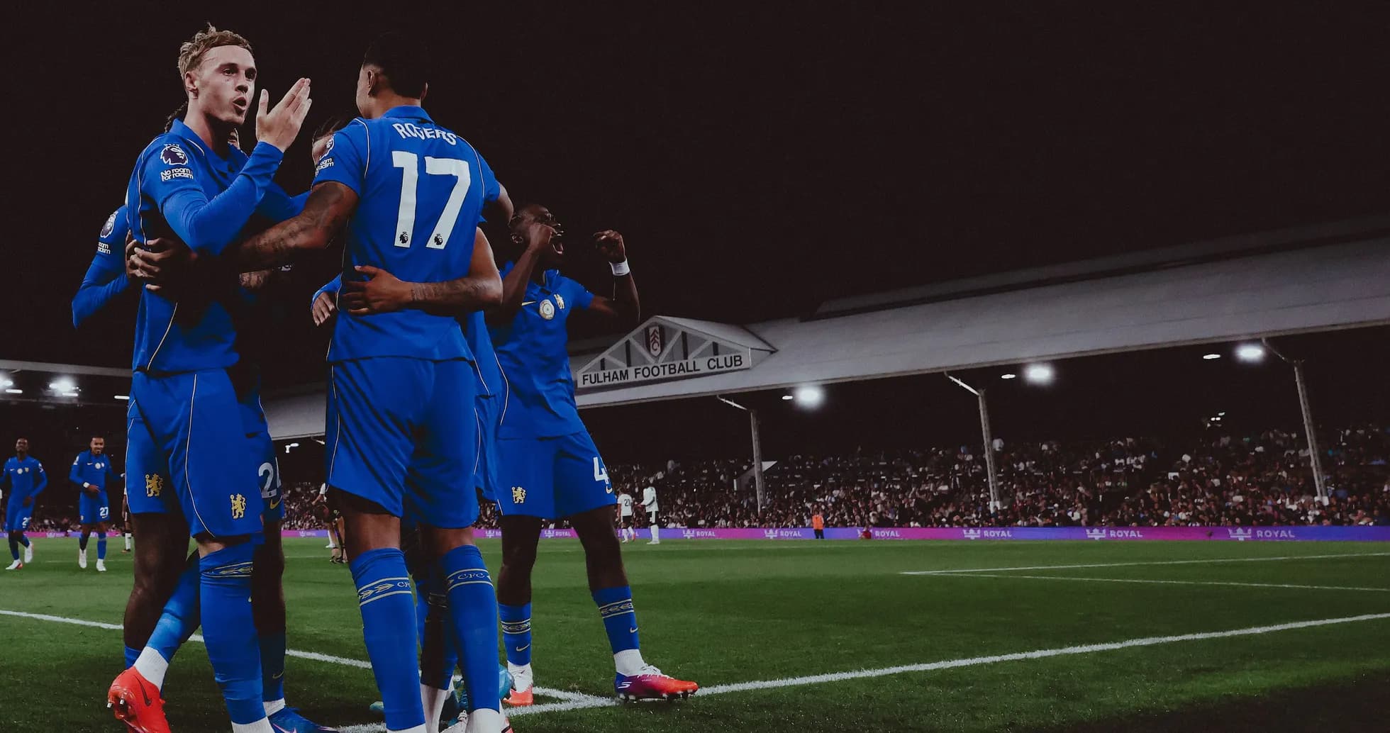 Players celebrating a goal at Fulham Football Club Players celebrating a goal at Fulham Football Club