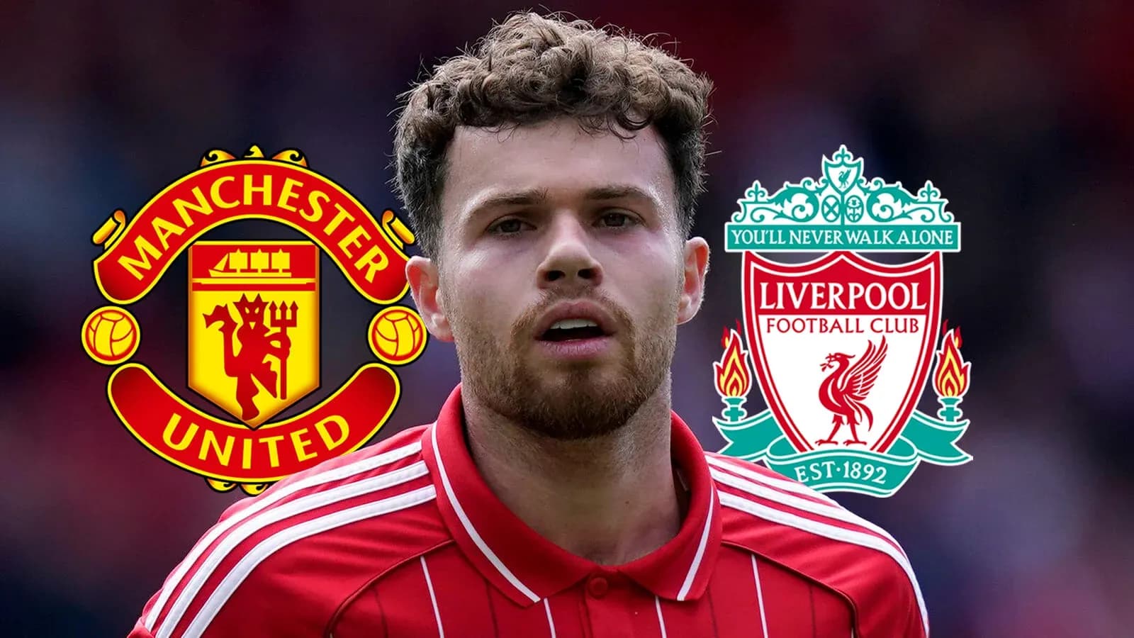 Player in red jersey with Manchester United and Liverpool logos Player in red jersey with Manchester United and Liverpool logos