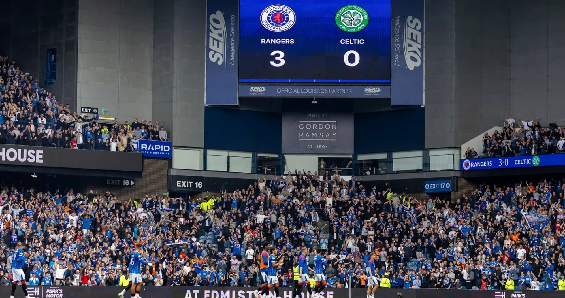 Rangers leading Celtic 3-0 on stadium scoreboard Rangers leading Celtic 3-0 on stadium scoreboard