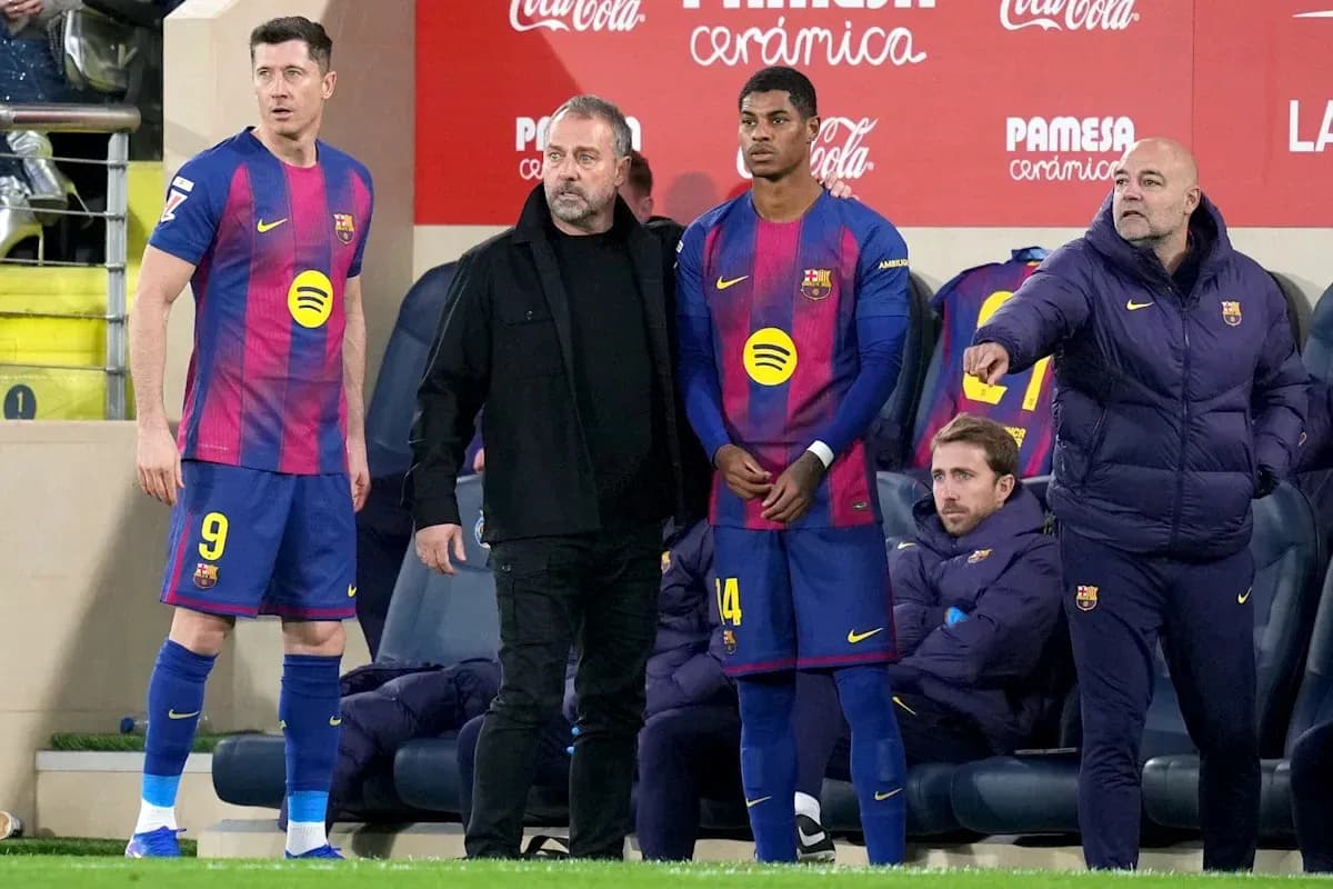 Barcelona players and coach preparing for substitution Barcelona players and coach preparing for substitution