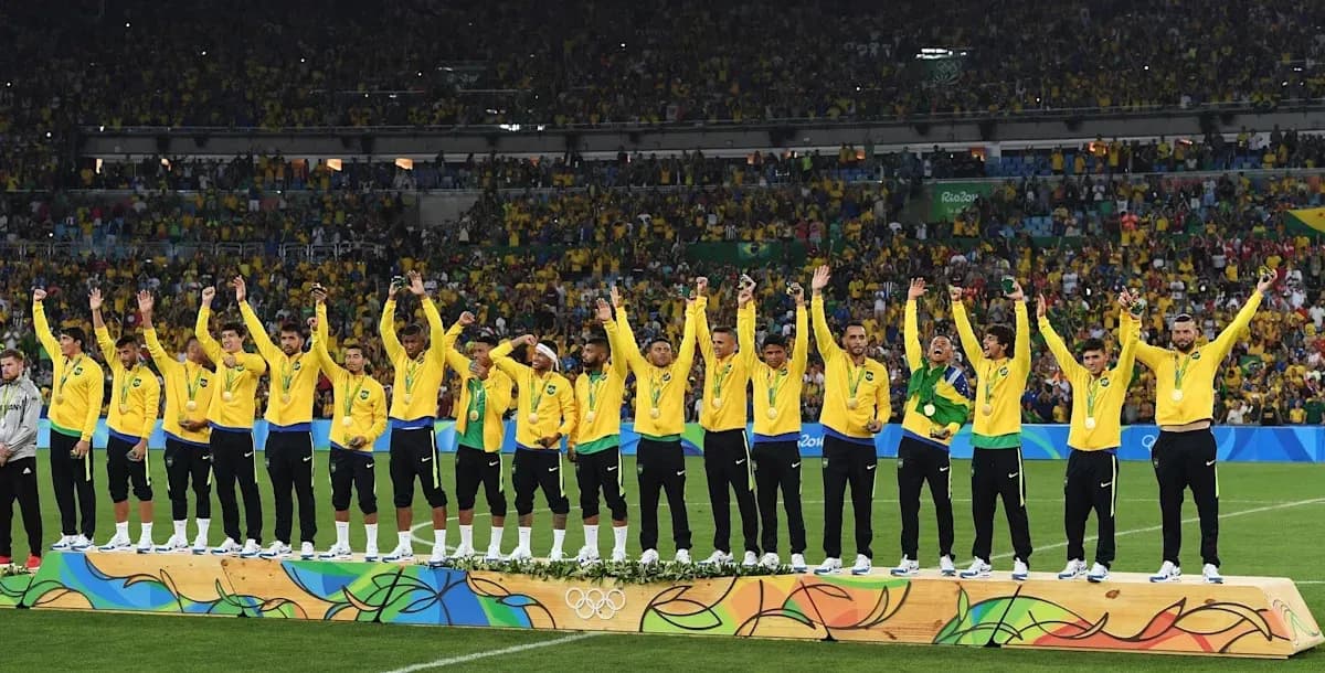 Brazilian football team celebrating Olympic gold medal win Brazilian football team celebrating Olympic gold medal win