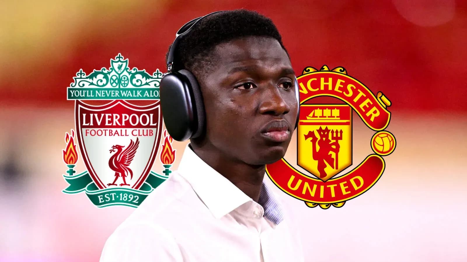 Player wearing headphones with Liverpool and Manchester United logos Player wearing headphones with Liverpool and Manchester United logos