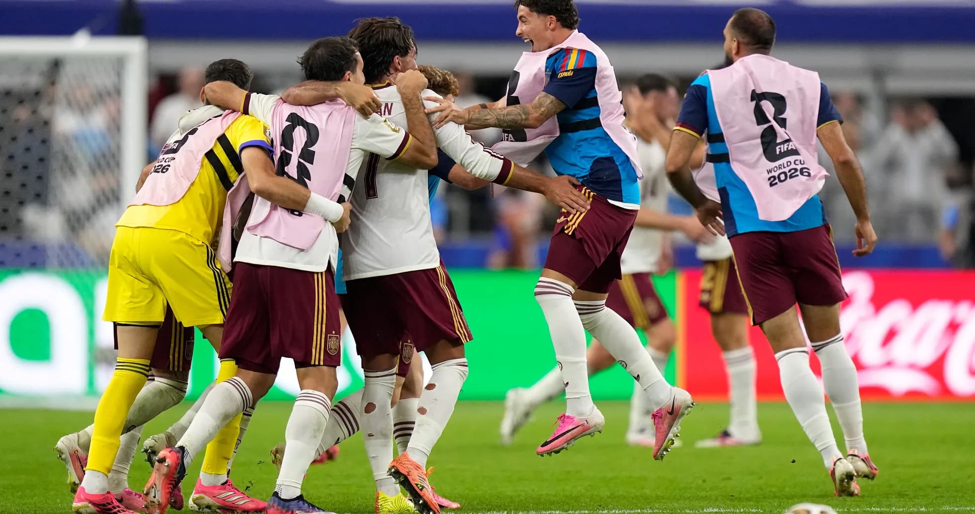 Spain players celebrating a goal during World Cup match Spain players celebrating a goal during World Cup match