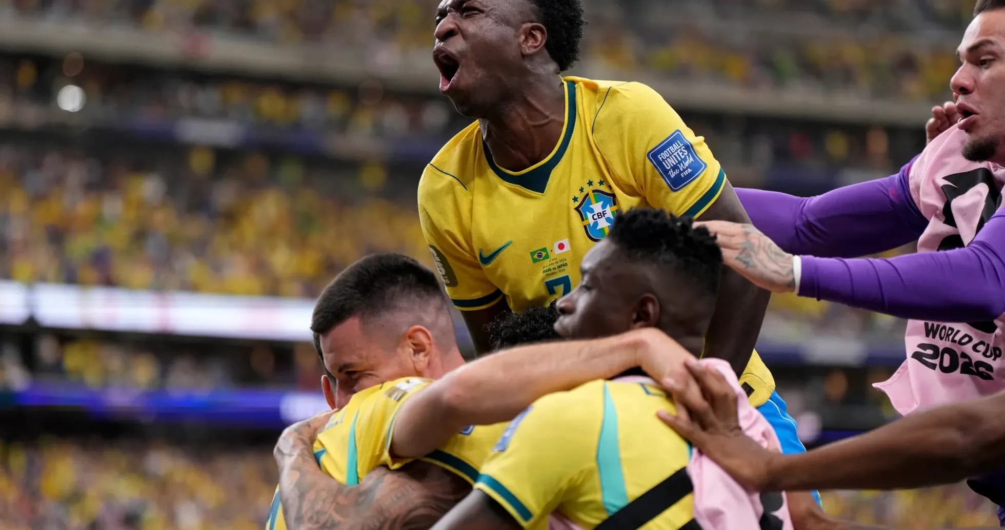 Brazil players celebrating a goal during match Brazil players celebrating a goal during match