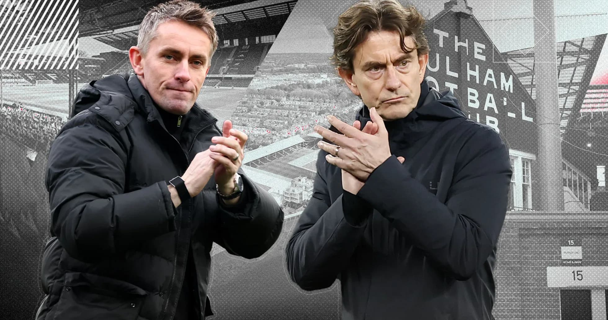Two football managers clapping in front of stadium Two football managers clapping in front of stadium