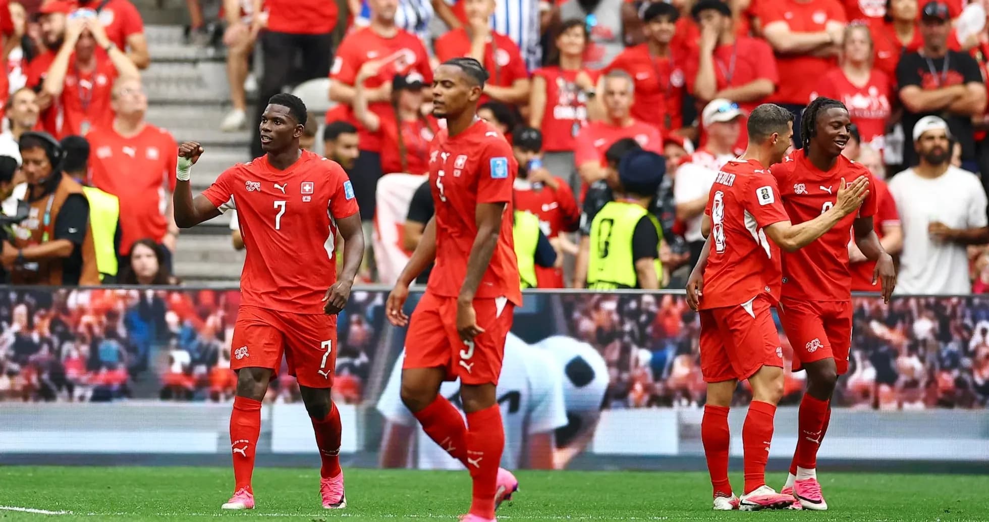 Switzerland players celebrating during World Cup match Switzerland players celebrating during World Cup match