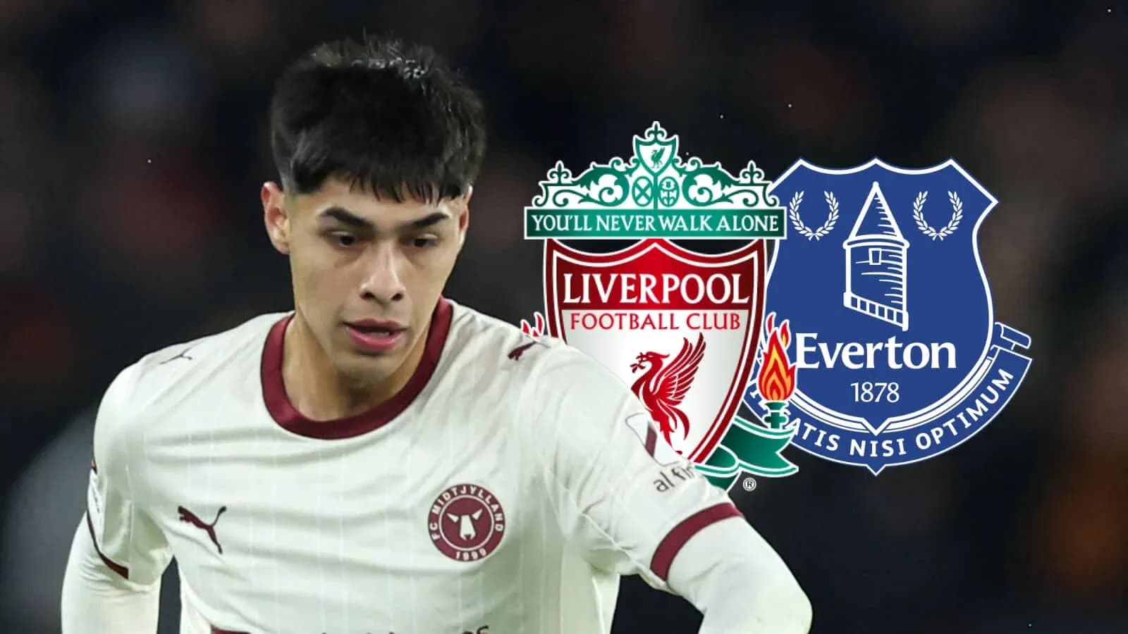 Player in action with Liverpool and Everton logos Player in action with Liverpool and Everton logos