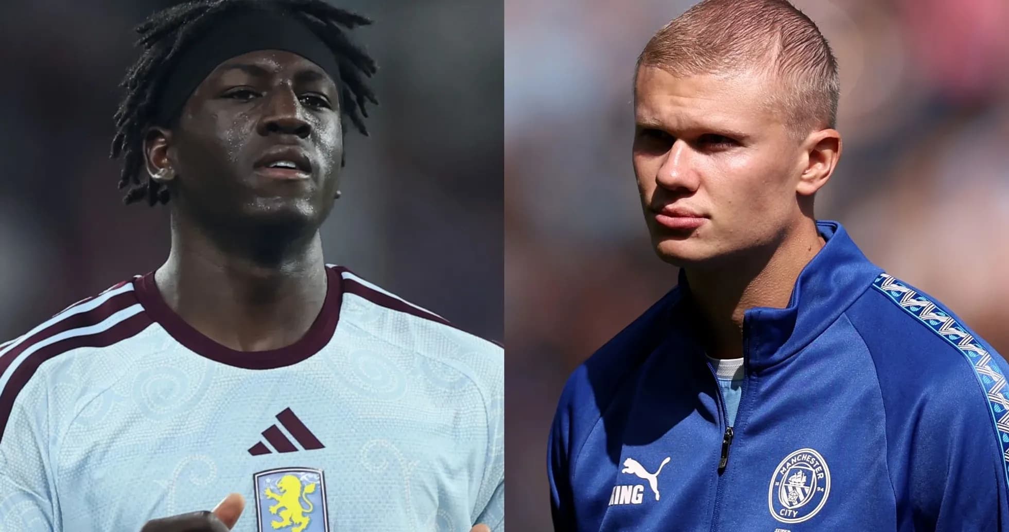 Two football players in team kits, side by side Two football players in team kits, side by side