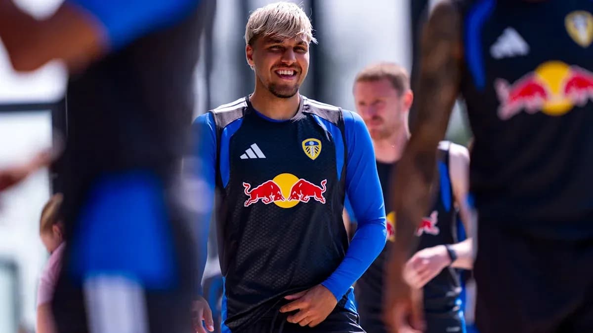 Player smiling during Leeds United training session Player smiling during Leeds United training session
