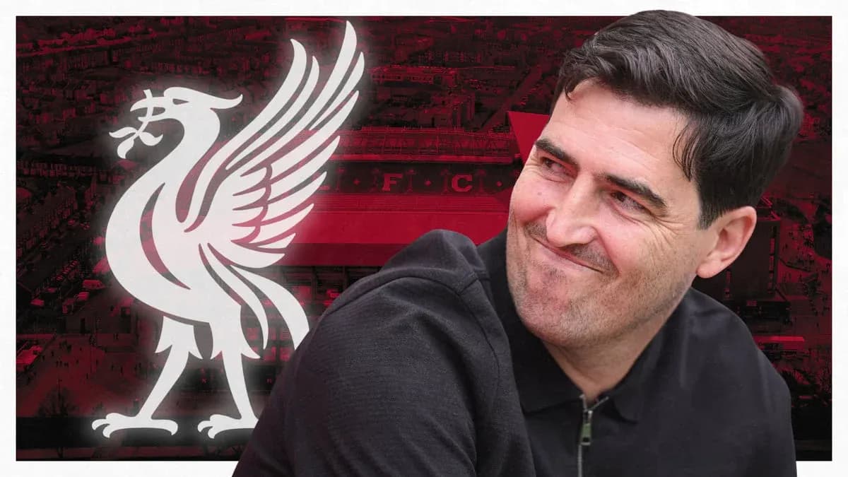 Man smiling with Liverpool logo and stadium background Man smiling with Liverpool logo and stadium background